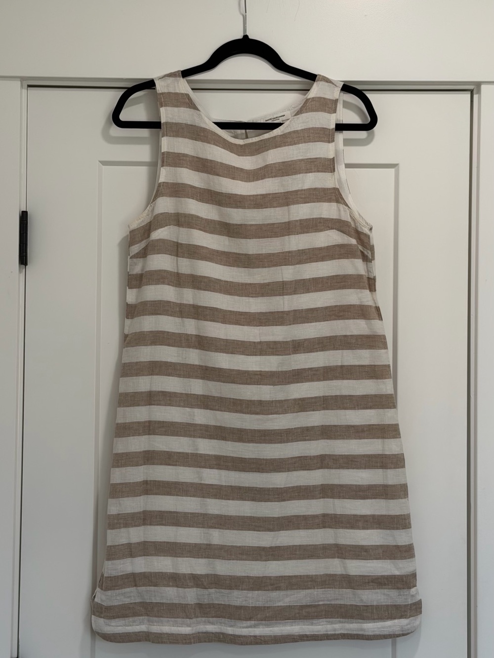 beachlunchlounge Sleeveless Linen Stripe Mini Dress in Beige and White